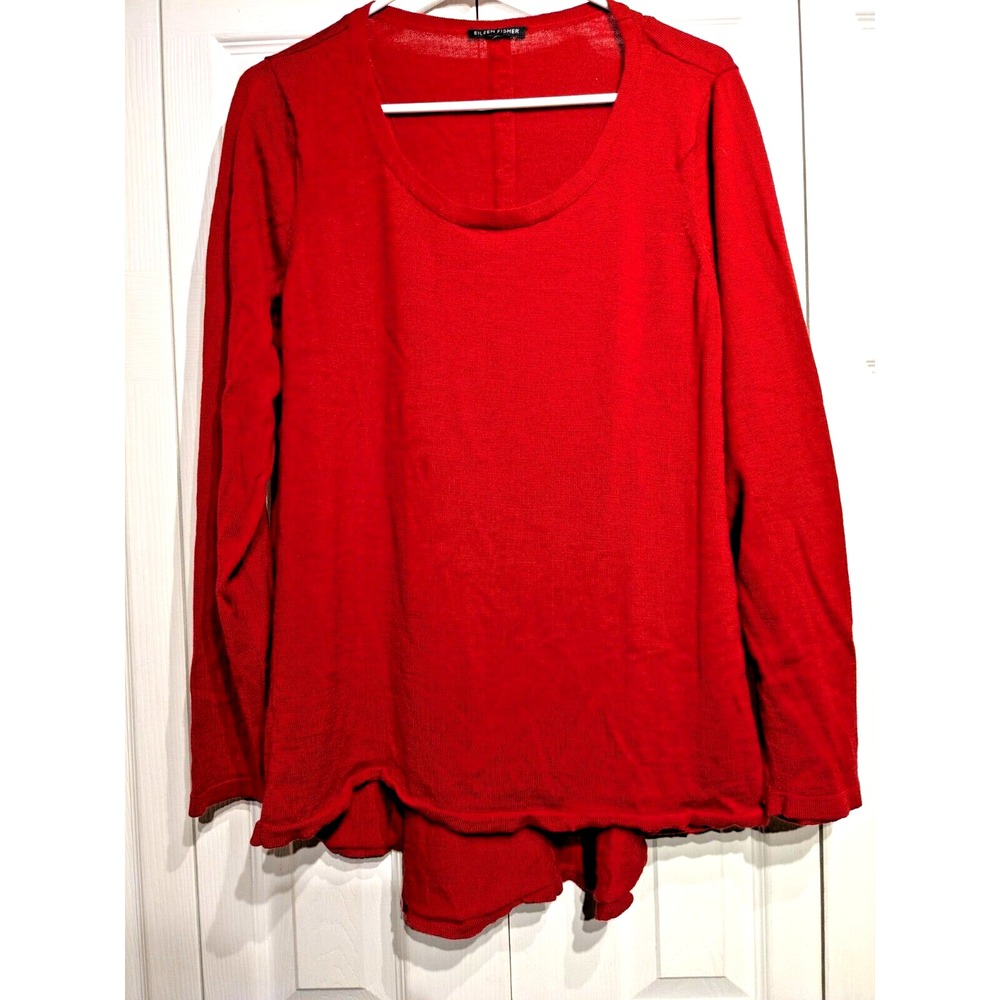 Eileen Fisher Red Merino Wool Pullover Hi/Lo Lightweight Round Neck Womens Sz M?